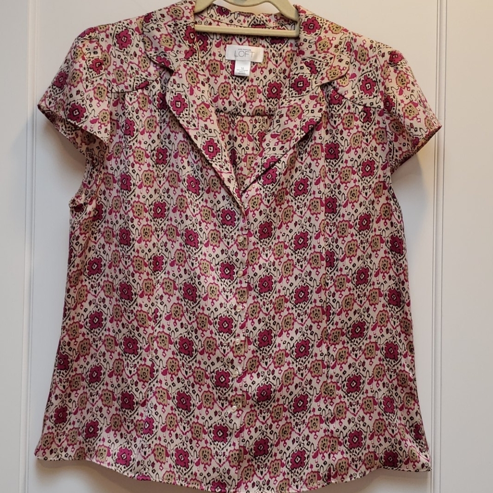 LOFT Pink and Black Floral Blouse